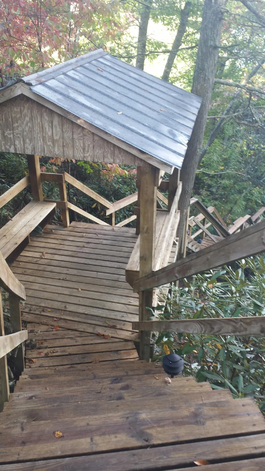 Metal roofed shelter over wooden steps on a wooded walkway — Skylight Repair & Installation work by our crew in Westphalia